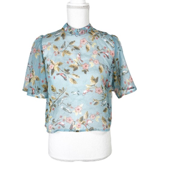 Forever 21 Denim & Coral Cuffed Sheer Blouse main image 1